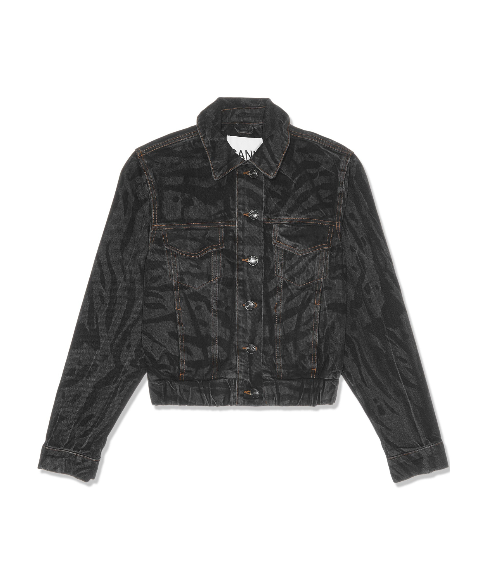 Ganni Animal Motif Denim Cropped Jacket In Black