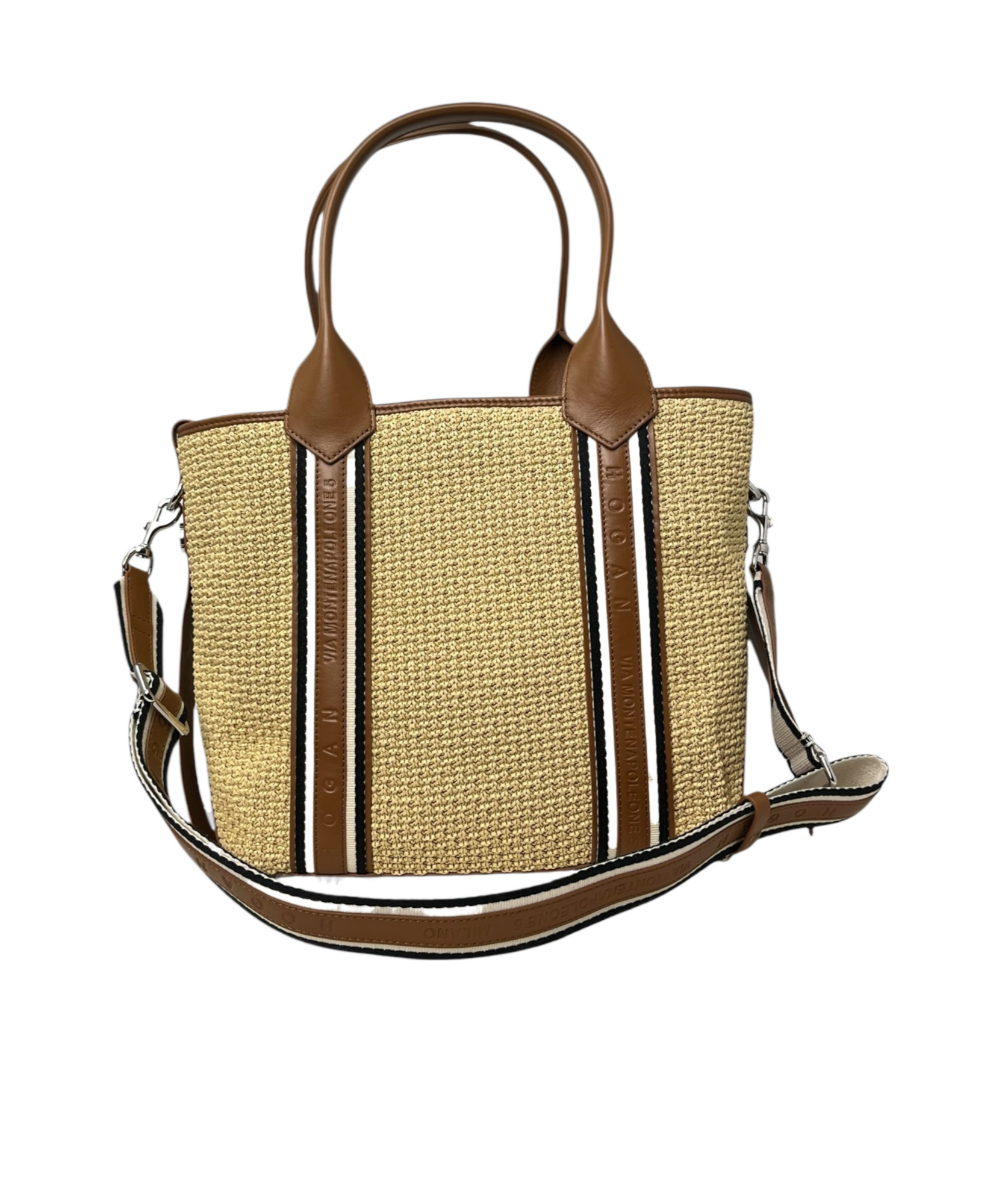 Hogan Small Raffia Script Shopping Bag With Brown Leather Details In Green