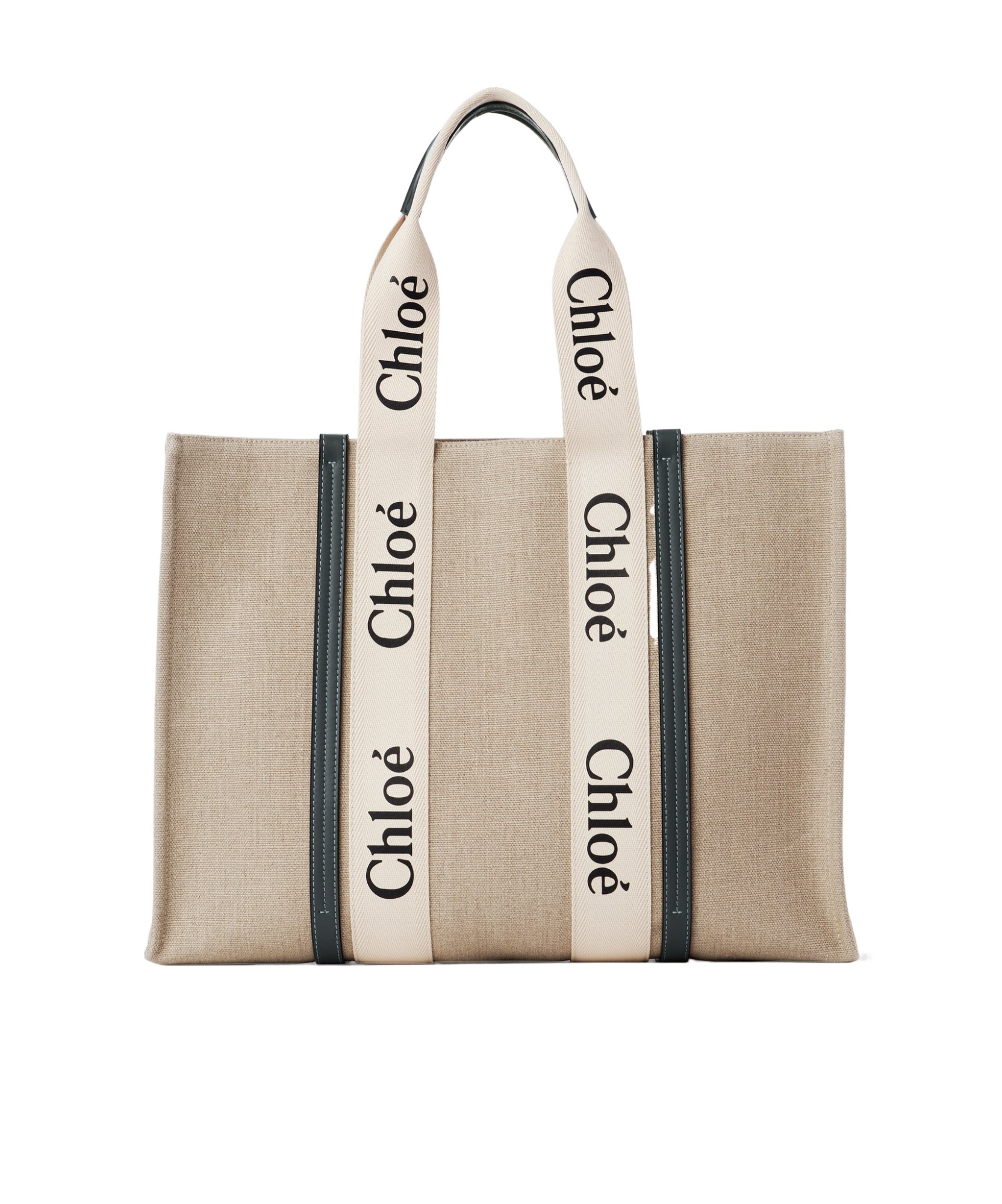 Chloé Large Woody Tote Bag In Linen White Size Onesize 100% Linen, Calf-skin Leather, Polyester In Nude