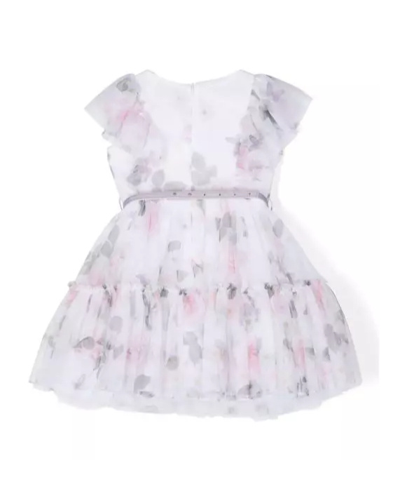 Monnalisa Rose-print Tiered Tulle Dress In White
