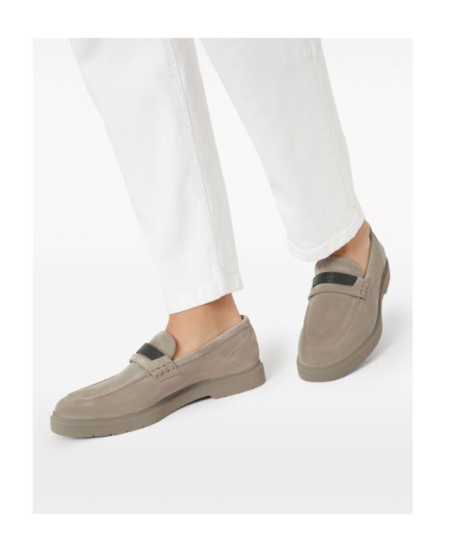 Brunello Cucinelli Beaded Almond Toe Penny Loafers In Gray