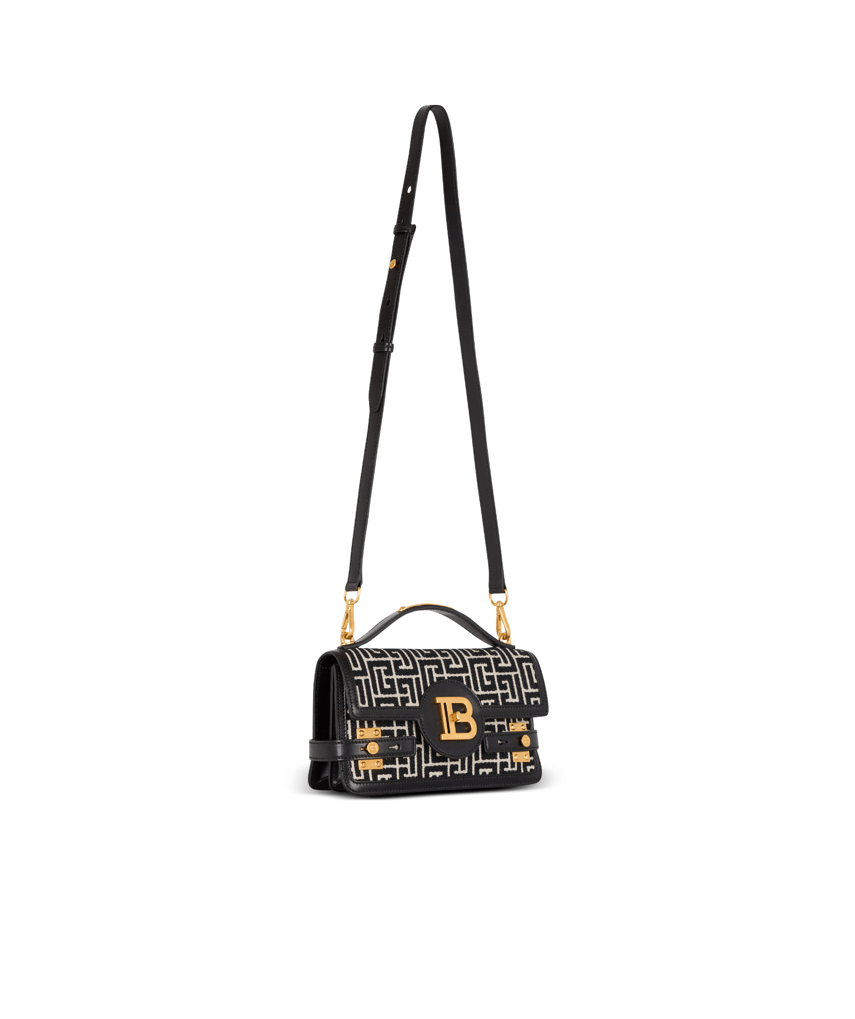 BALMAIN B-BUZZ SHOULDER 24 BAG IN CALFSKIN AND PB JACQUARD CANVAS