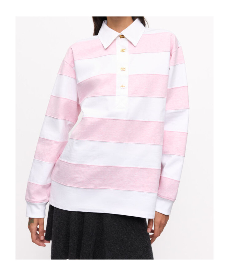 Ganni Striped Cotton Jersey Polo Sweater In White