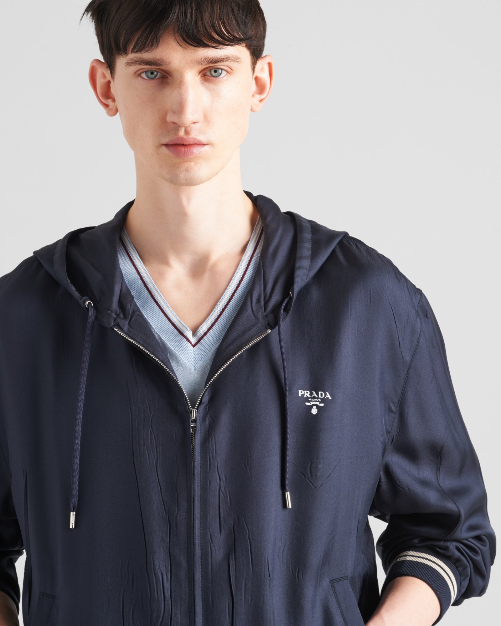 Prada Logo-print Silk Hooded Jacket In Blue