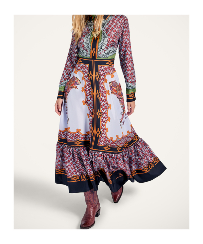 La Doublej Long-sleeved Patterned Silk Midi Day Dress In Pink