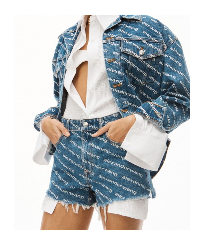Alexander Wang Denim Shorts With All Over Logo In Blue