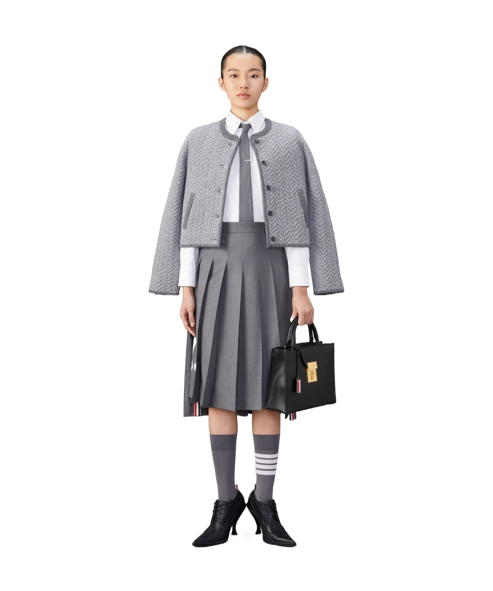 Thom Browne Herringbone 3d-knit Cardigan In Gray