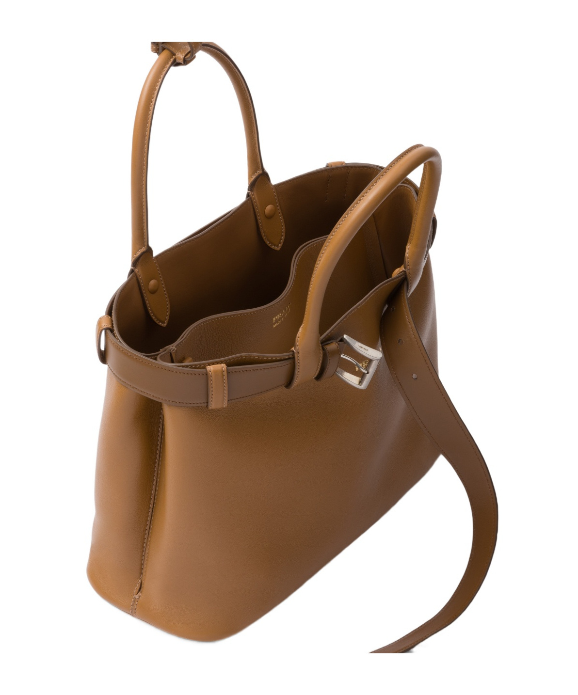 Prada Buckle Large Leather Handbag With Belt In Brown