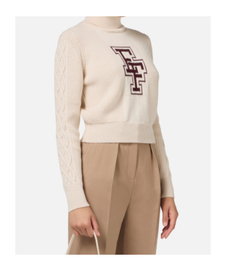 Elisabetta Franchi Chic Beige Long Neck Sweater With Burgundy Logo For Women In Nude