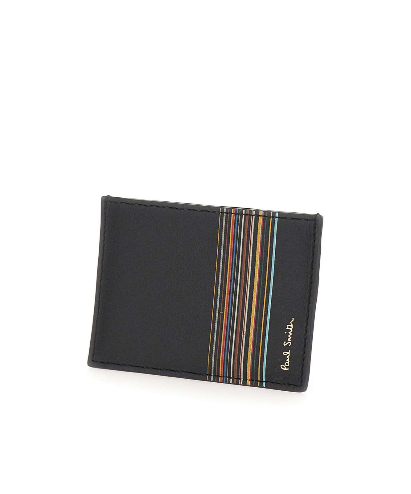 Paul Smith Black Leather Signature Stripe Block Credit Card Holder In Black