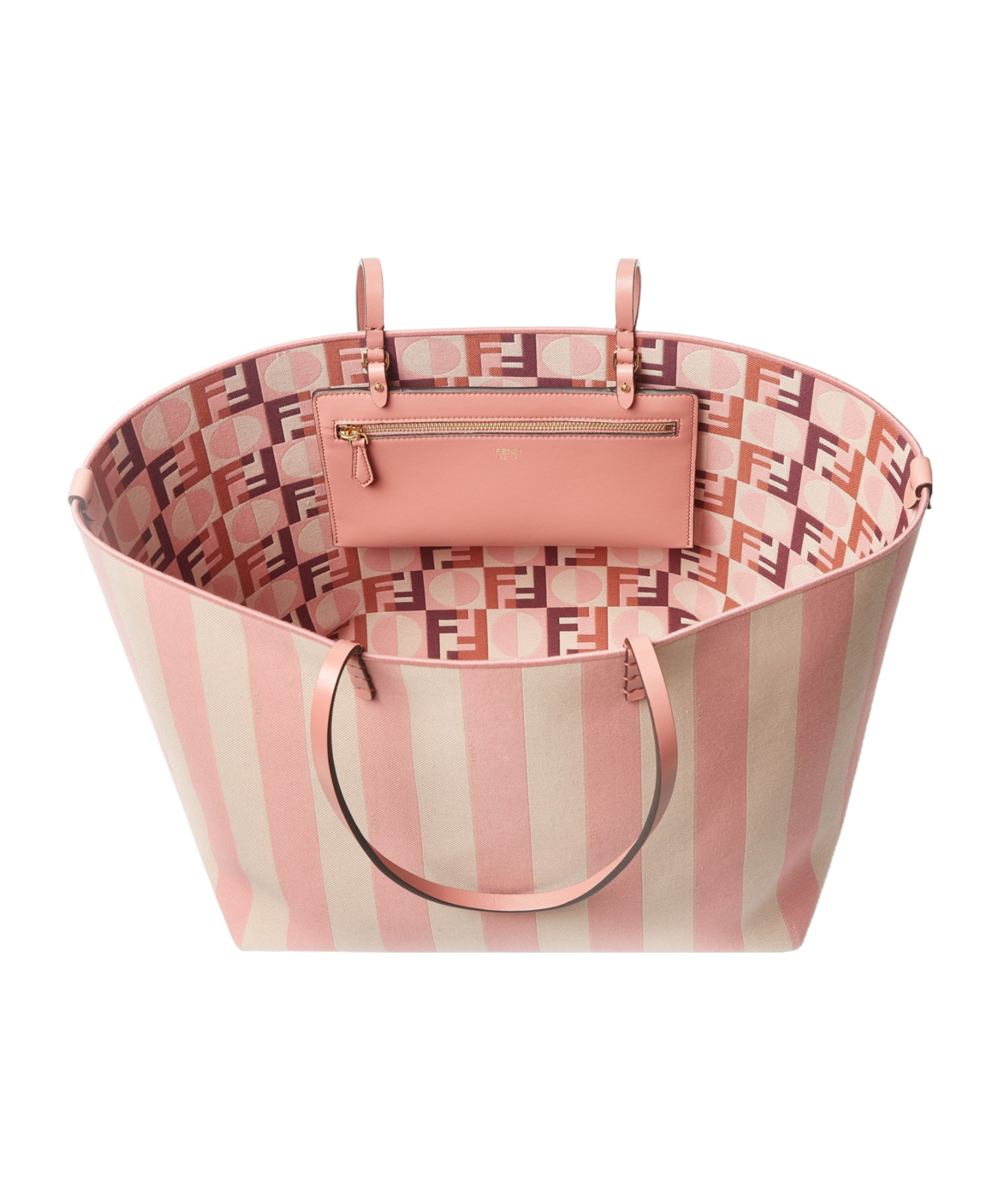 Fendi Pink Striped Pequin And Optical Jacquard Fabric Shopper In Pink
