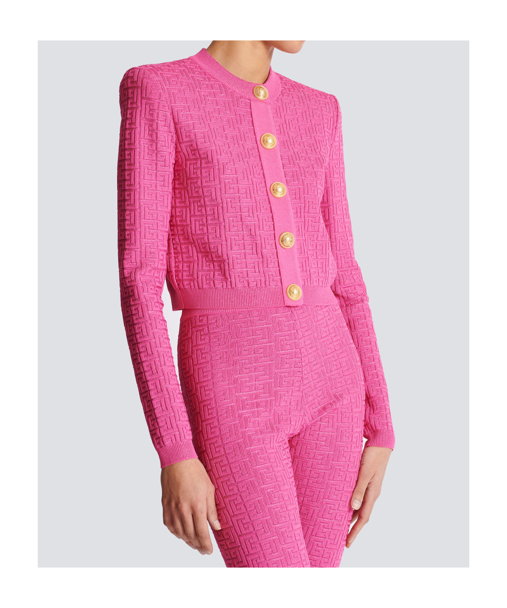 Balmain Cropped Monogrammed Knit Cardigan In Pink