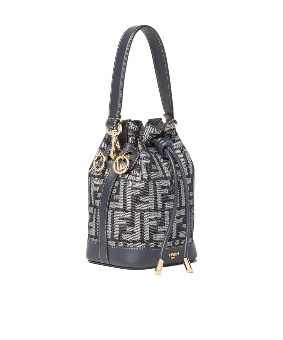 Fendi Mon Tresor Denim-effect Ff Jacquard Mini Bucket Bags In Blue