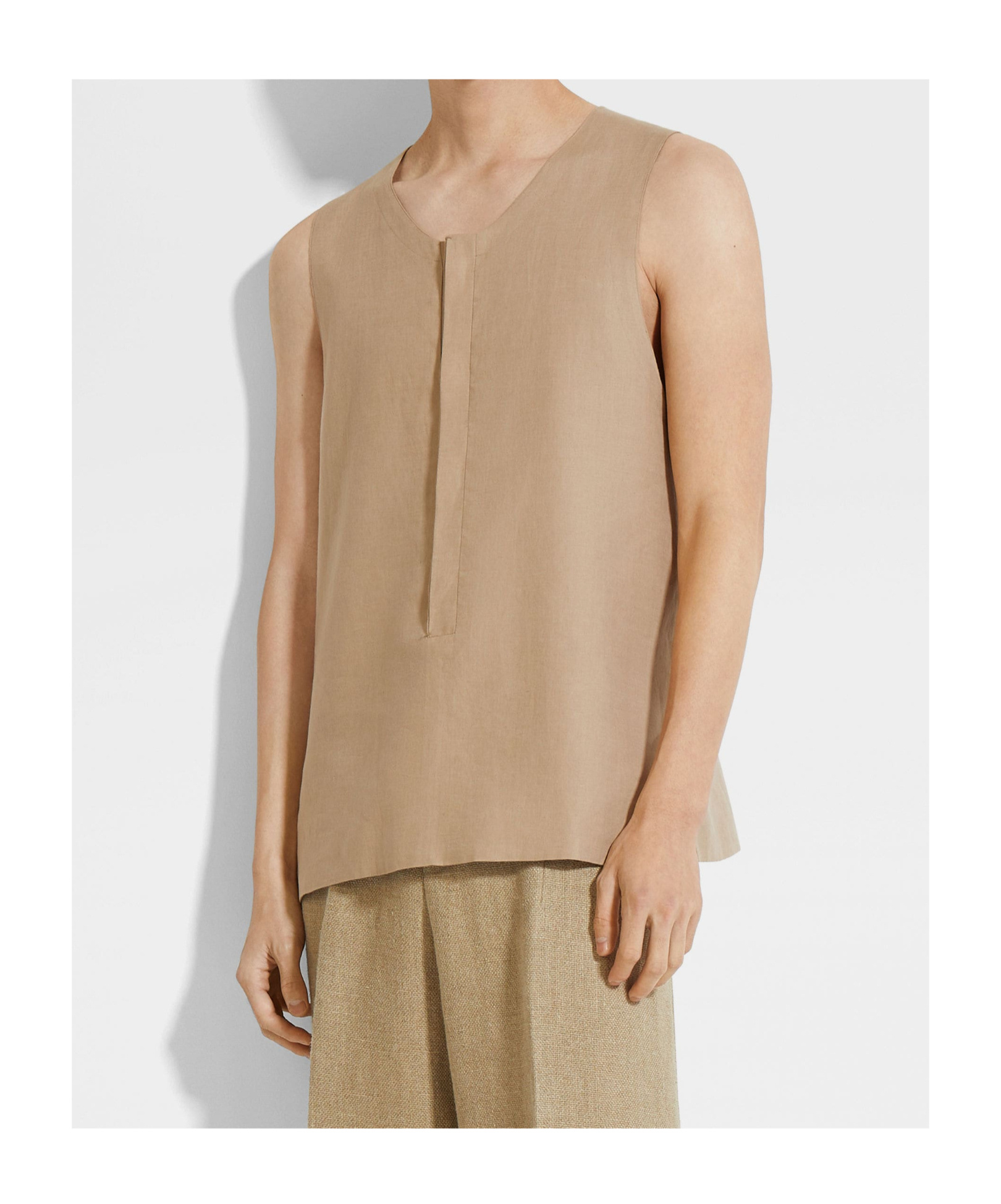 Zegna Light Taupe Oasi Lino Tank Shirt In Brown