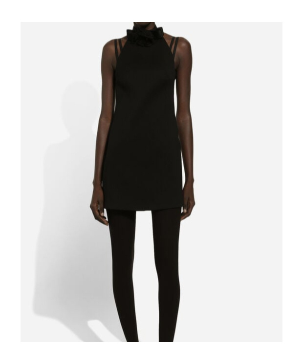 Dolce & Gabbana Black Mini Dress With Floral Detail In Wool Woman In Black