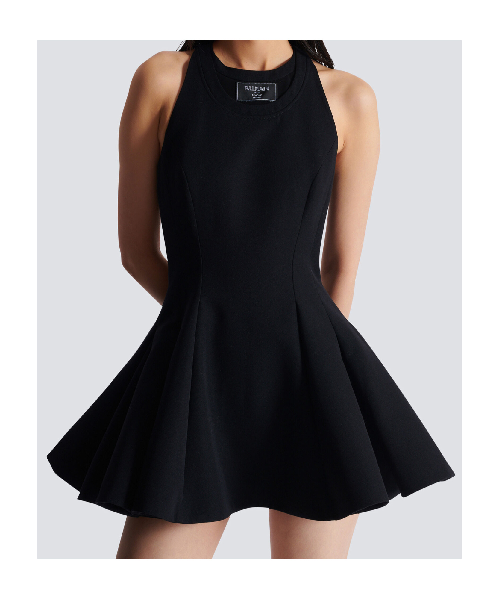 Balmain Flared Pleated Grain De Poudre Dress In Black