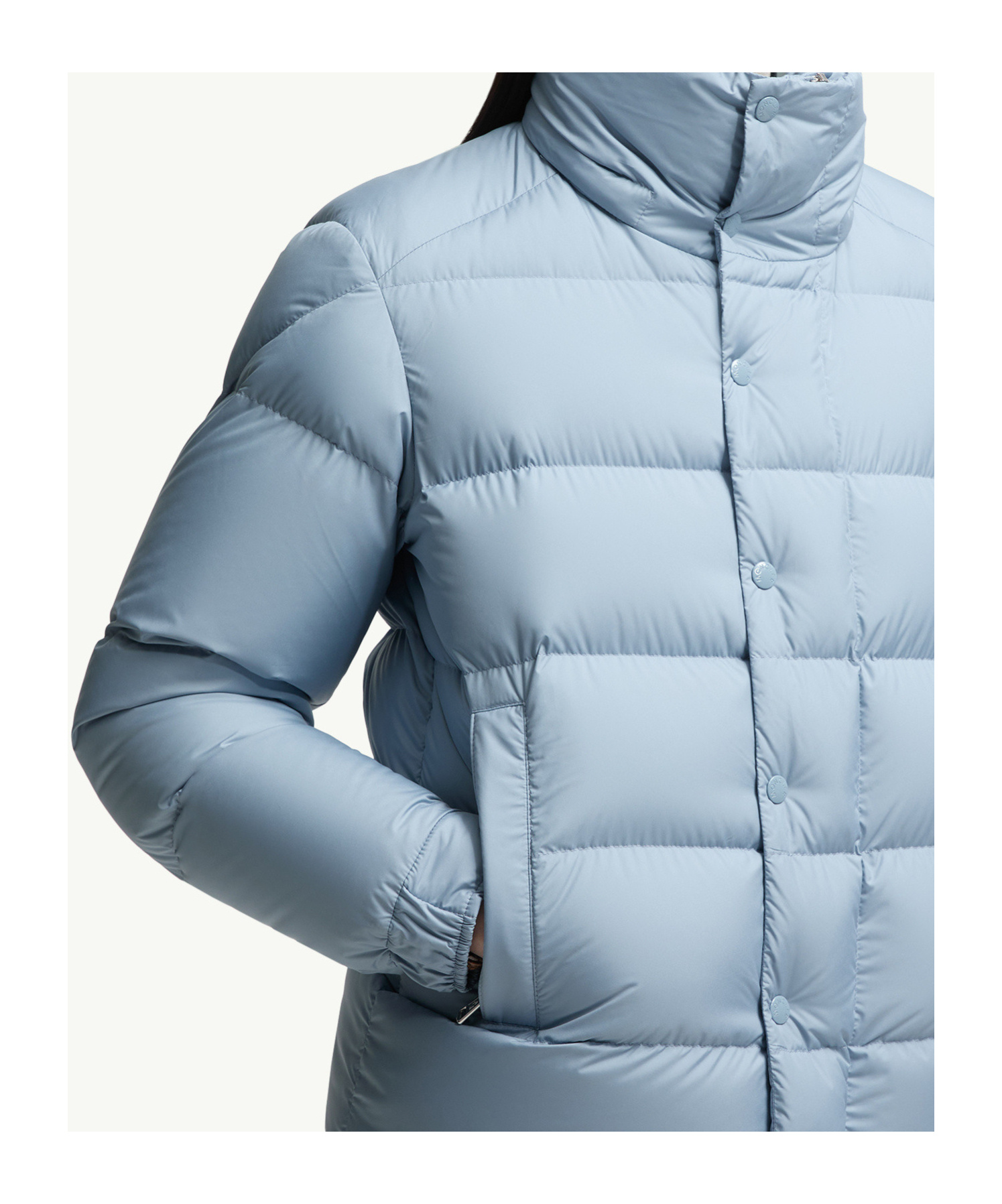Moncler Long Little Down Jacket With Square Quilting And Hood In Blue