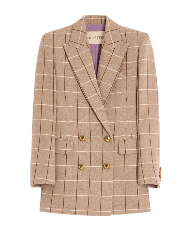 Valentino Windowpane-check Double-breasted Blazer In Brown