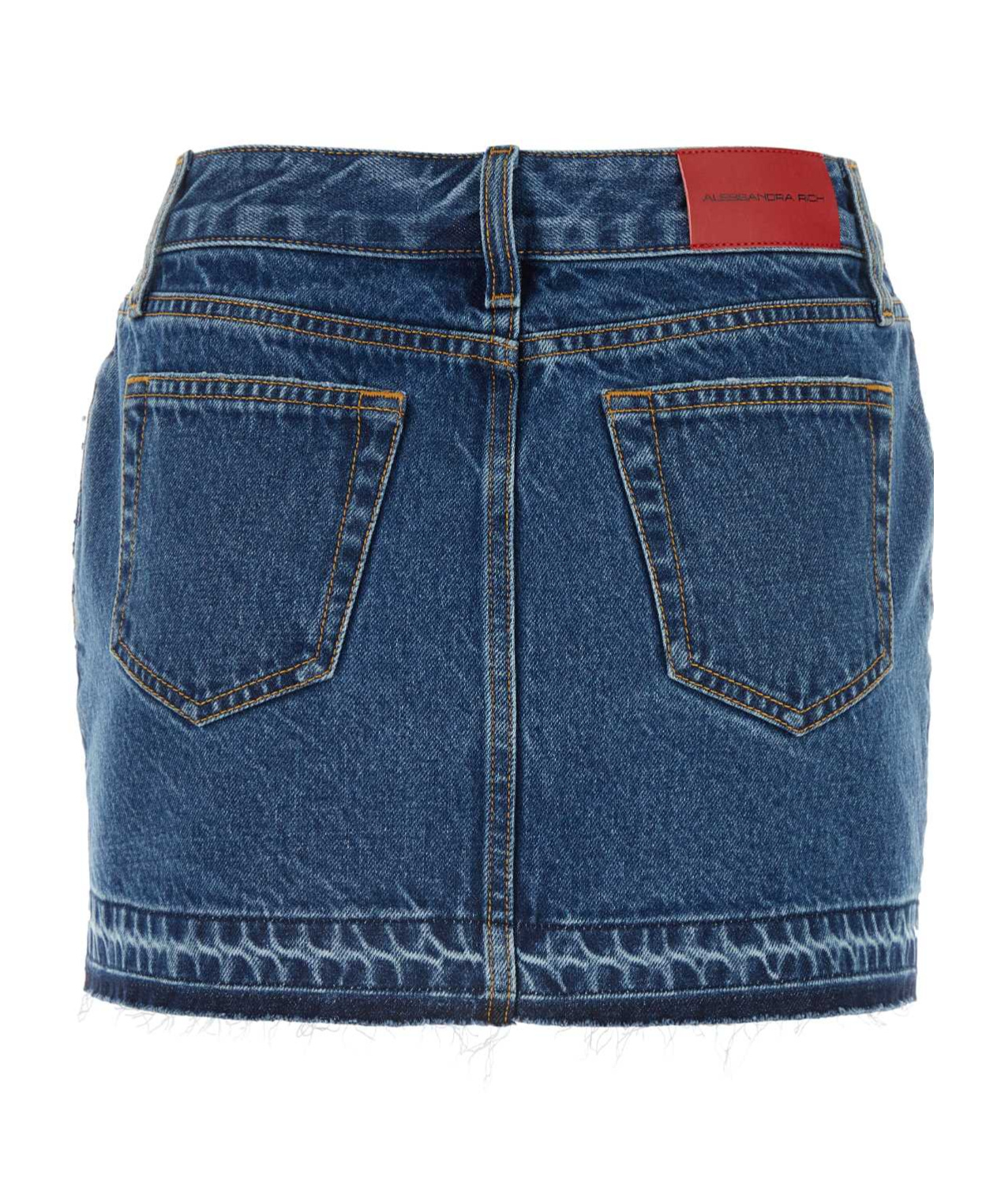 Alessandra Rich Embellished Frayed Hem Denim Mini Skirt In Blue