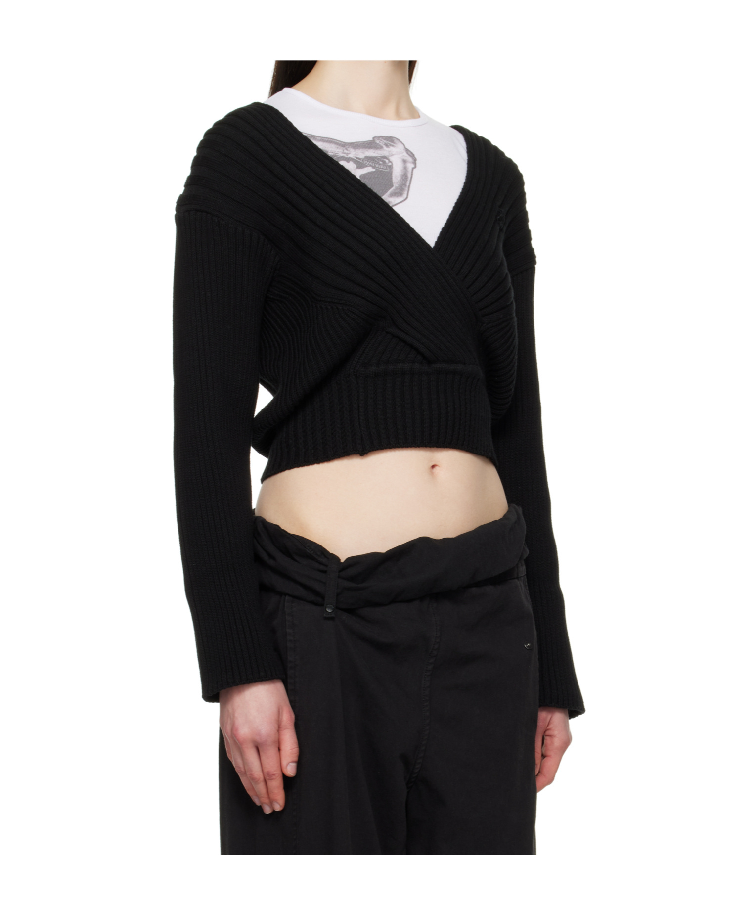 Open Yy Crisscross Ribbed Pullover Sweater In Black