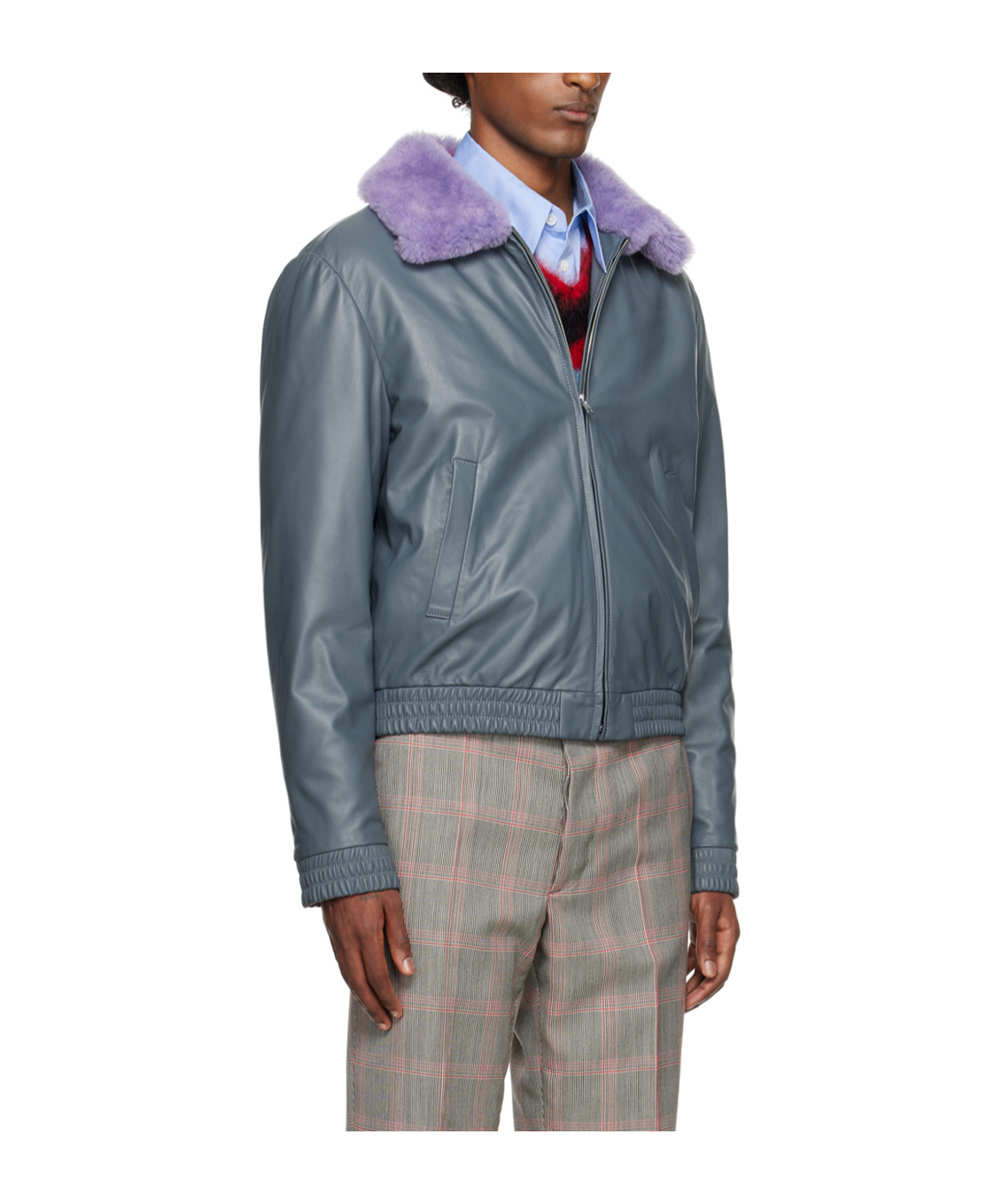 Marni Contrast-collar Leather Jacket In Gray