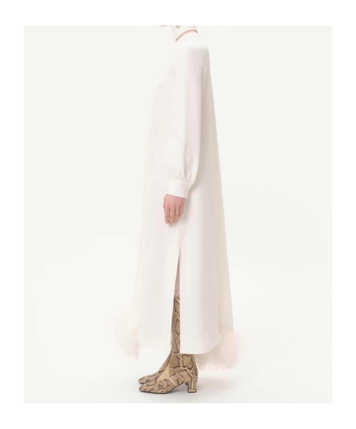 Valentino Cady Couture Midi Dress With Feathers In Ivory White
