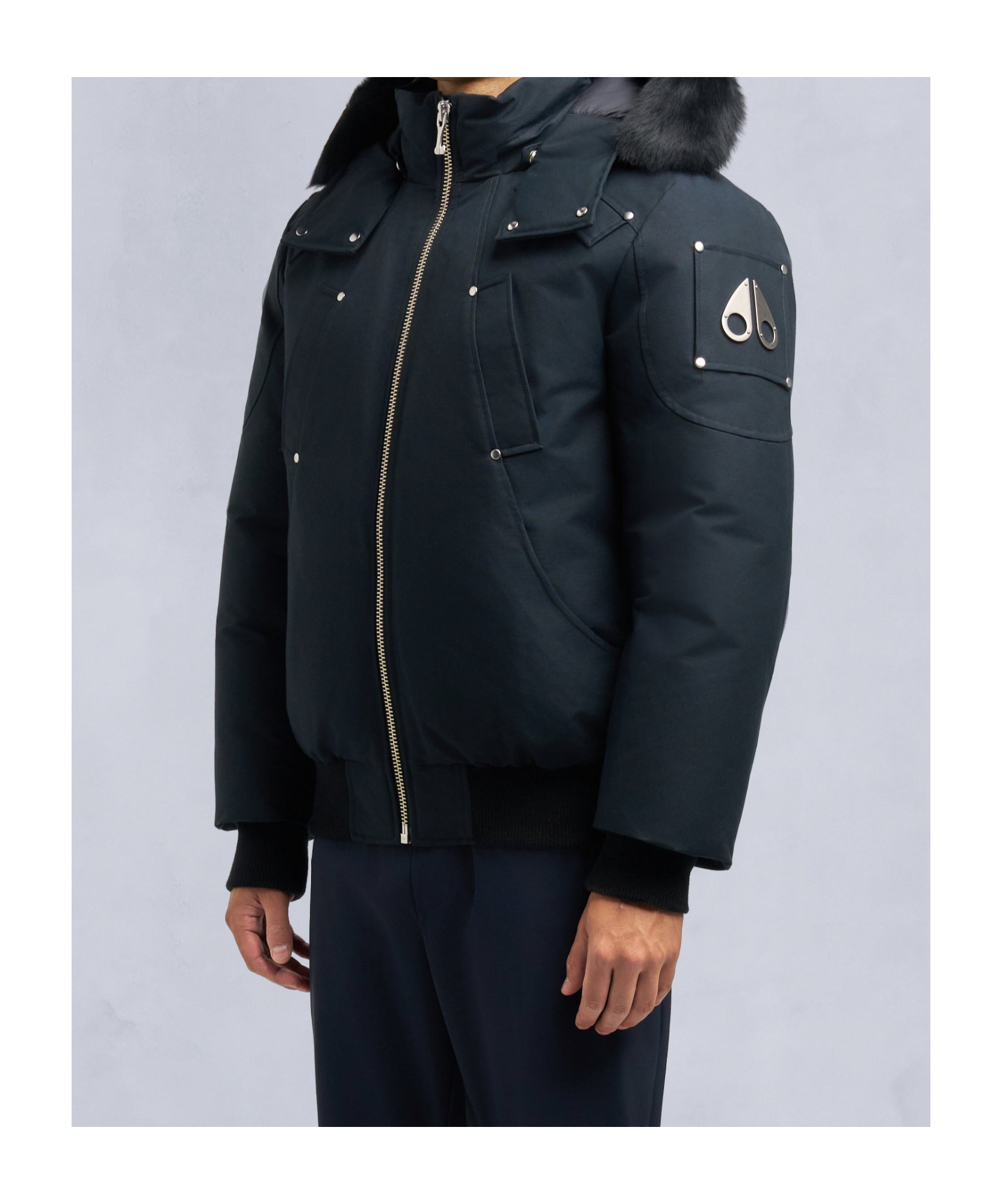 Moose Knuckles Shearling Trim Down Bomber Jacket In Black