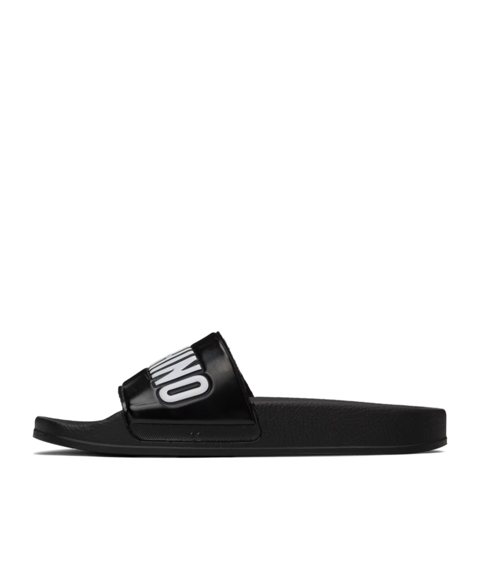 Shop Moschino Front Logo Slippers In Black