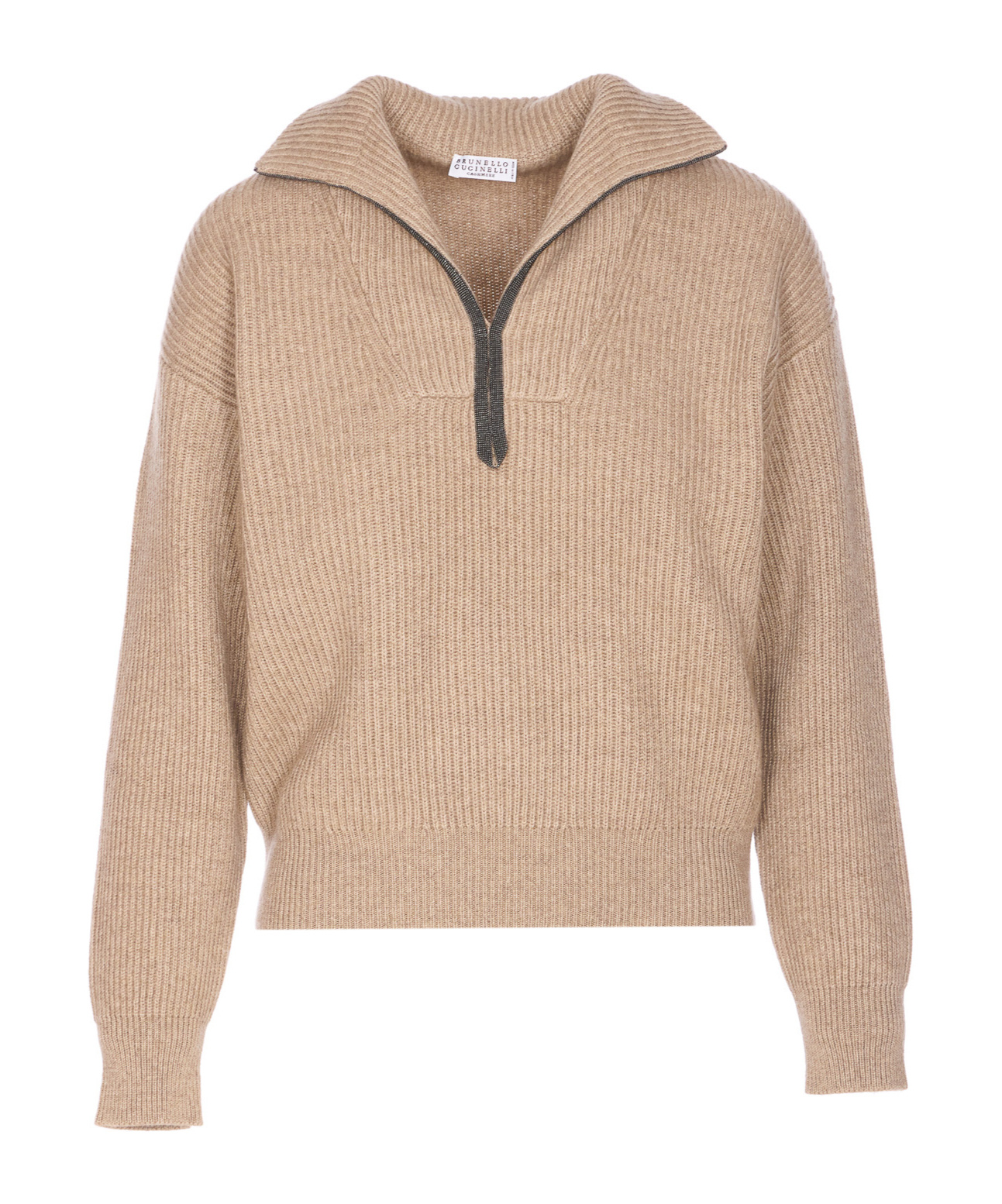 Brunello Cucinelli Ribbed Cashmere Deep-v Monili Trim Pullover In Brown