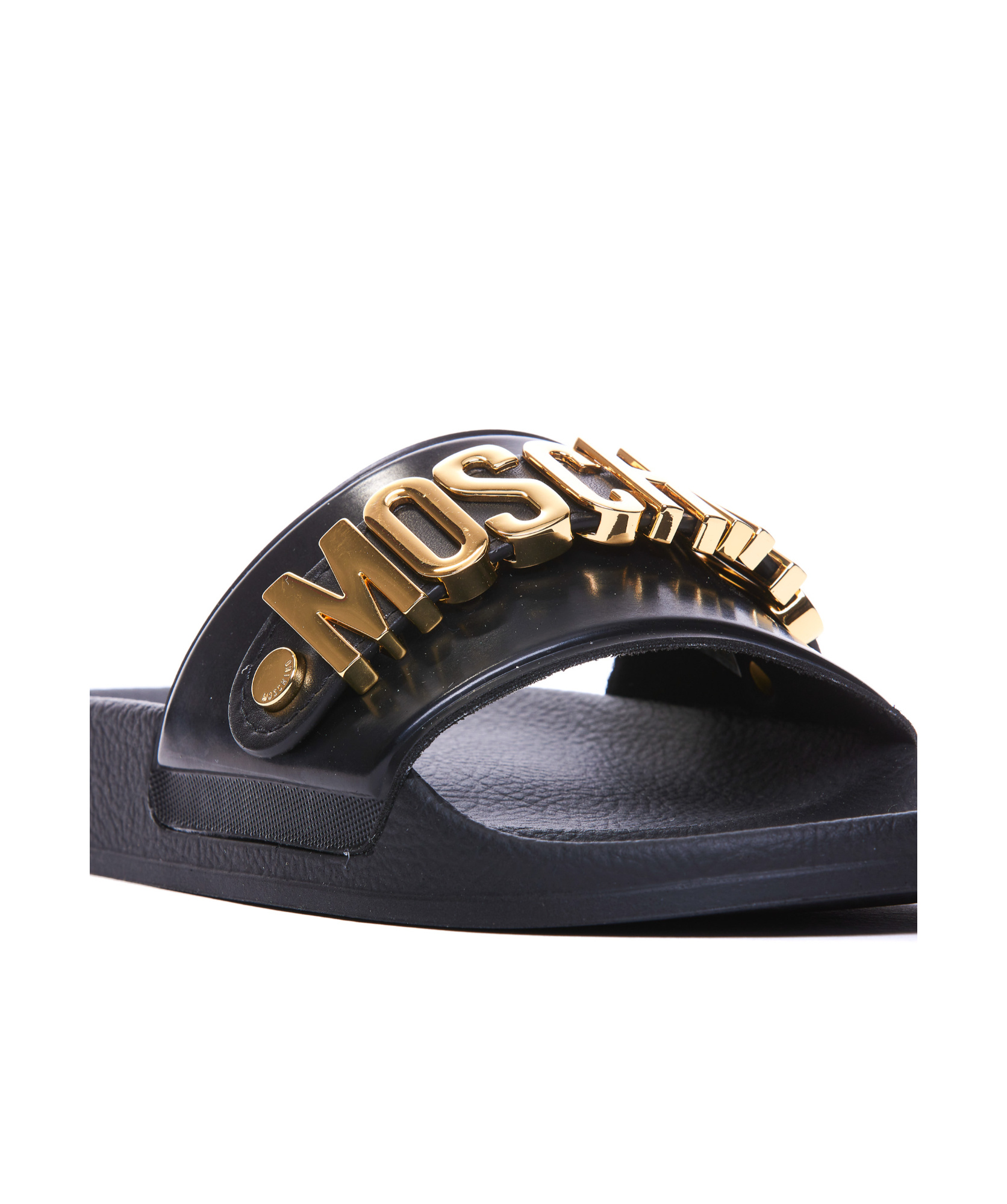 Moschino Logo Lettering Round Toe Slides In Black
