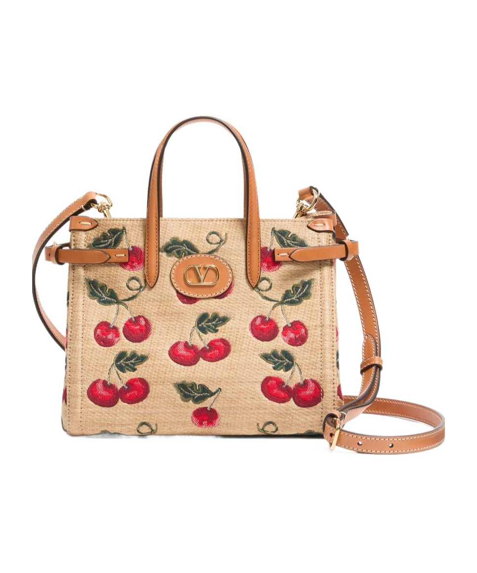 Shop Valentino Garavani Antibes Small Shopping Bag In Synthetic Jacquard Raffia With Cherryfic Pattern In Nude