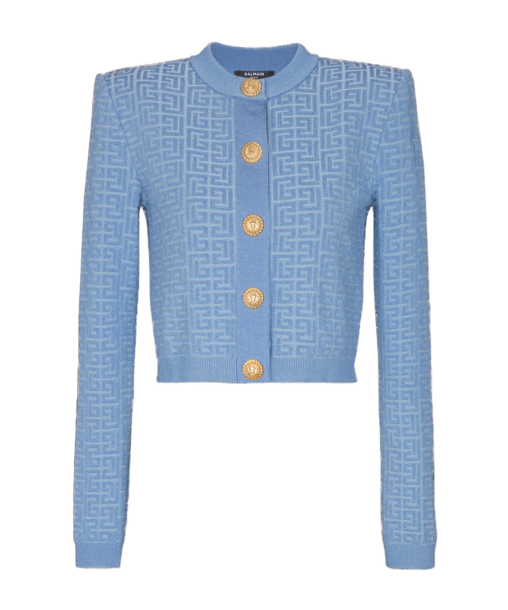 Balmain Pb Labyrinth Knitted Cropped Cardigan In Blue