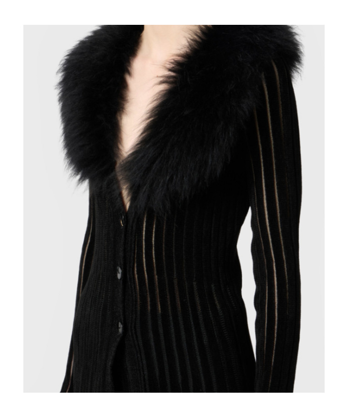 Blumarine Long Cardigan With Fur Collar In Black
