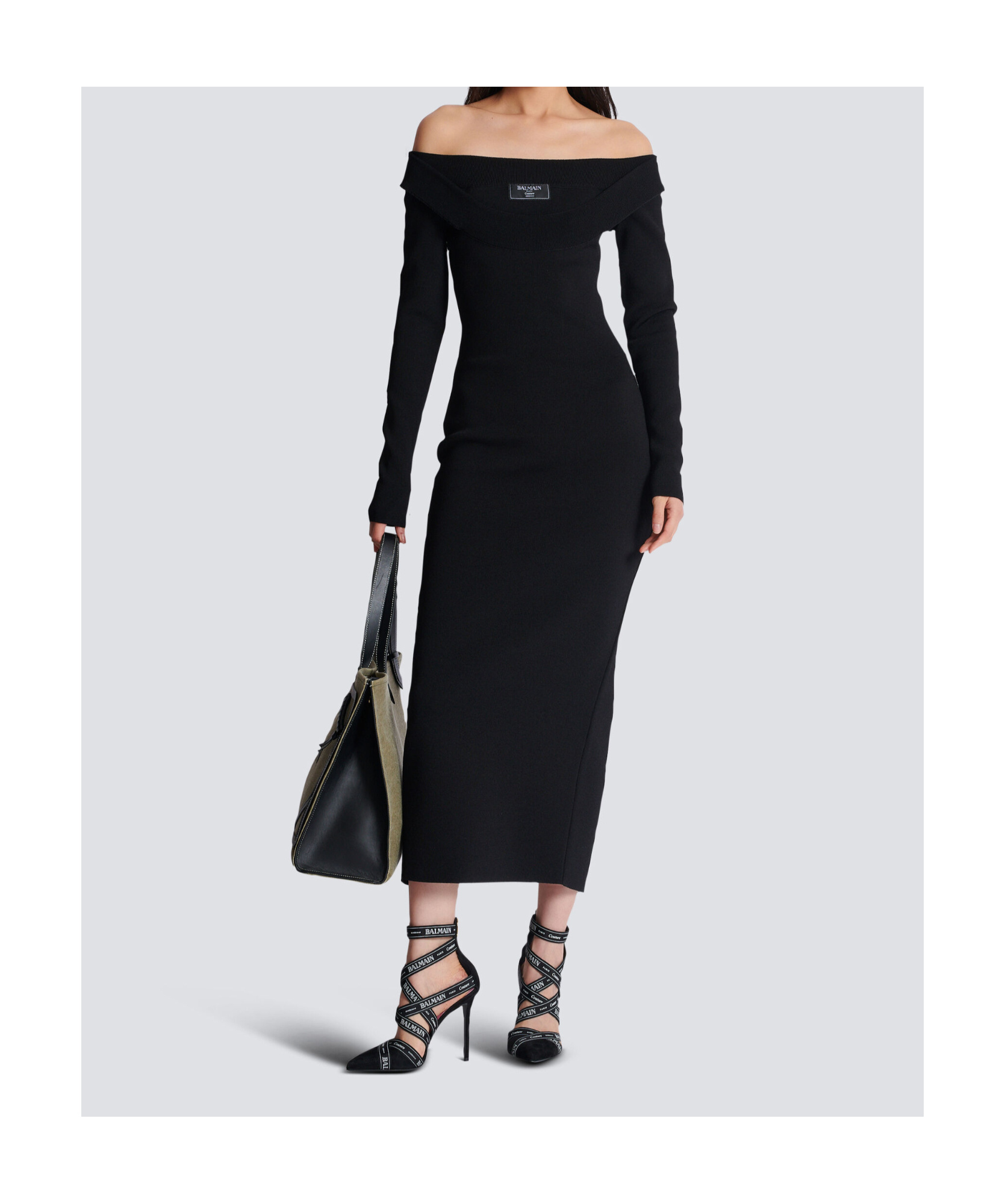 Balmain Double Collar Knit Zipped Midi Dress In Black