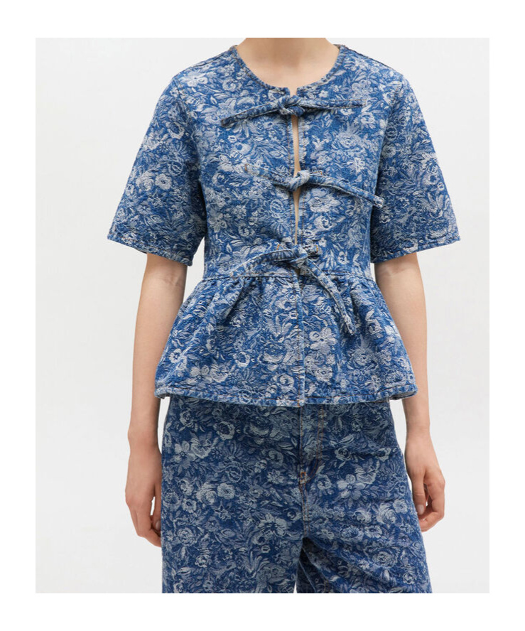 Ganni Blue Tapestry Peplum Blouse In Blue