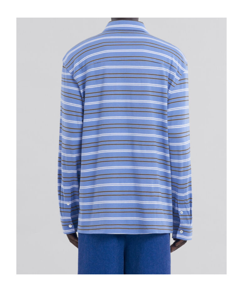 Marni Light Blue Cotton Turtleneck Polo With Horizontal Stripes In Blue
