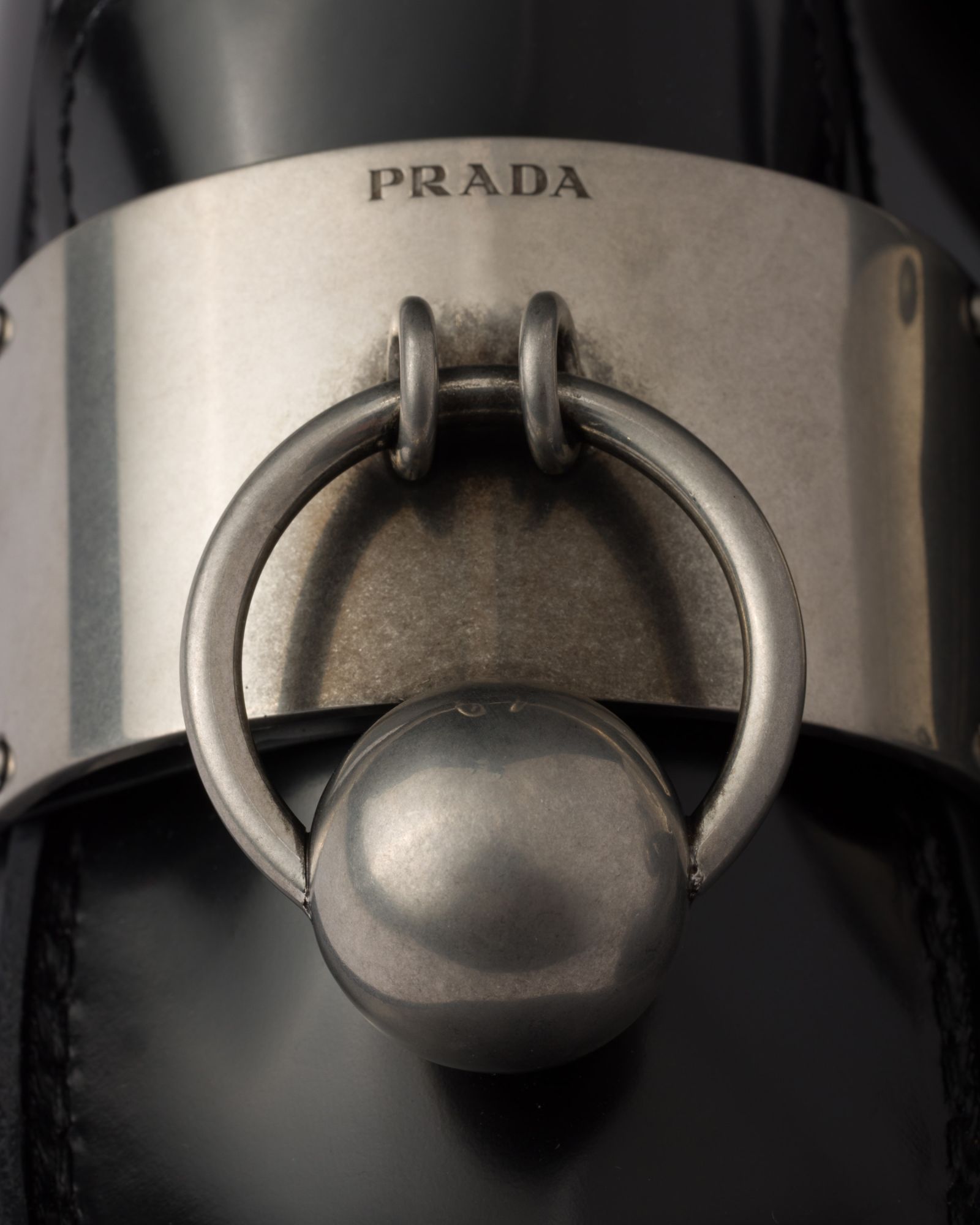 Prada Leather Loafers With Block Heel And Metallic Detail In Black