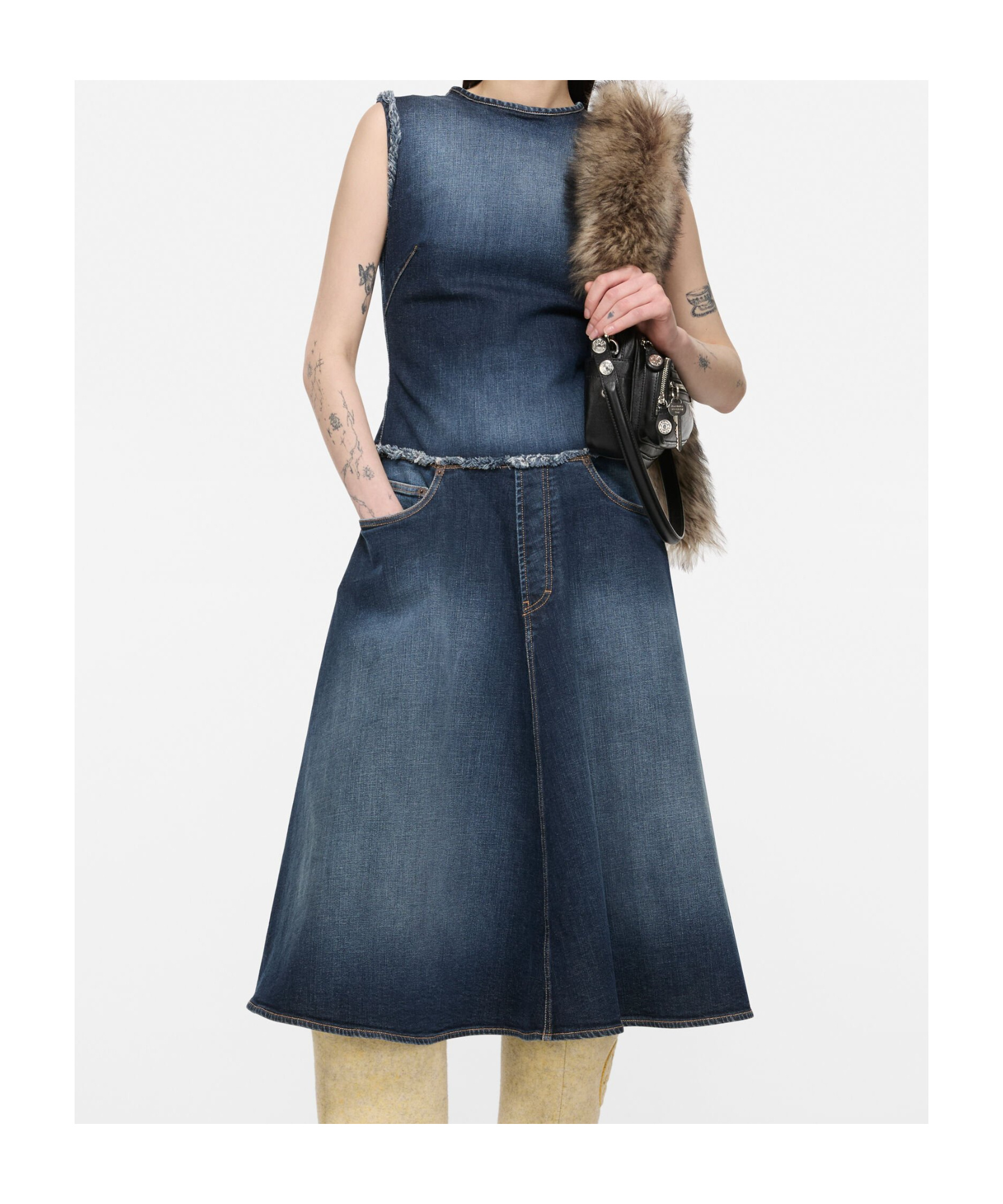 Acne Studios Layered Denim Midi Dress In Gold