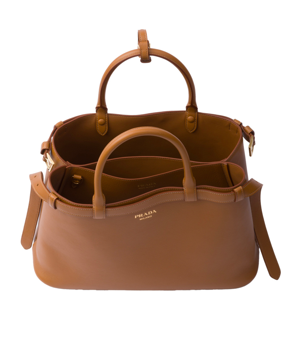 Prada Buckle Medium Leather Handbag With Double Belt In Brown