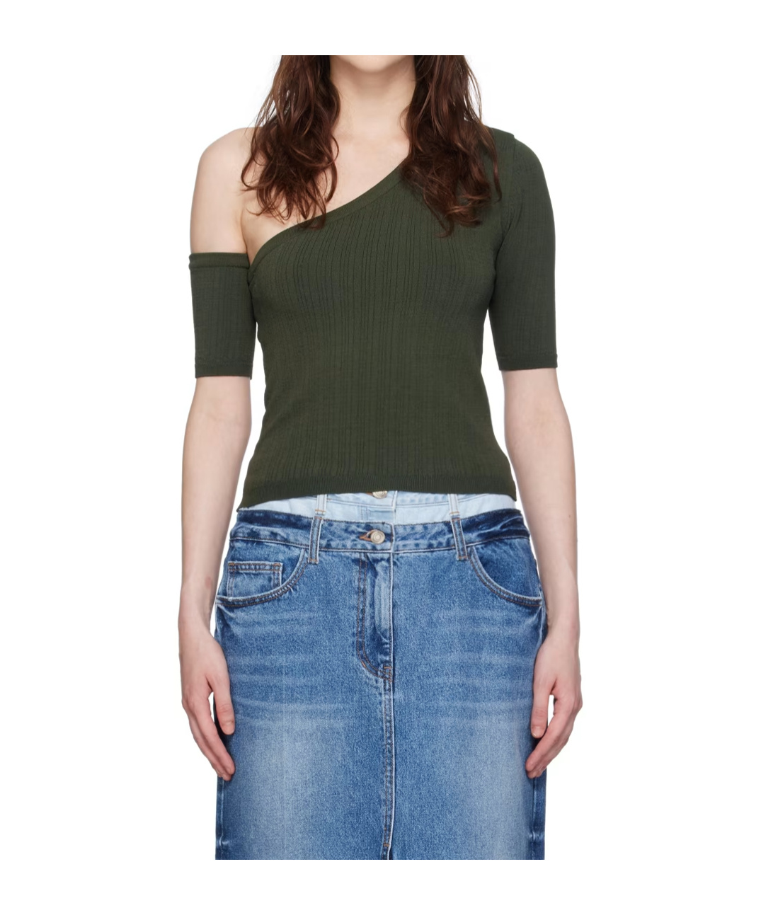 Juunj Ribbed-knit One-shoulder Top In Green