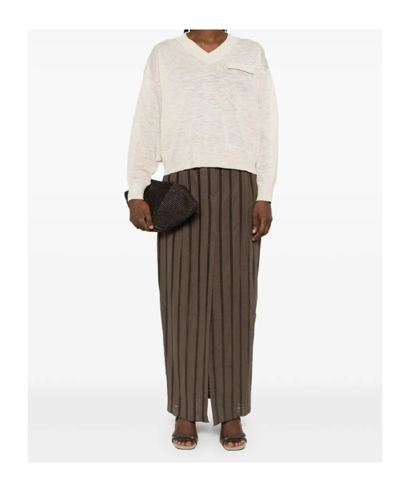 Brunello Cucinelli Soft Heathered V-neck Sweater With Subtle Pocket Detail In White