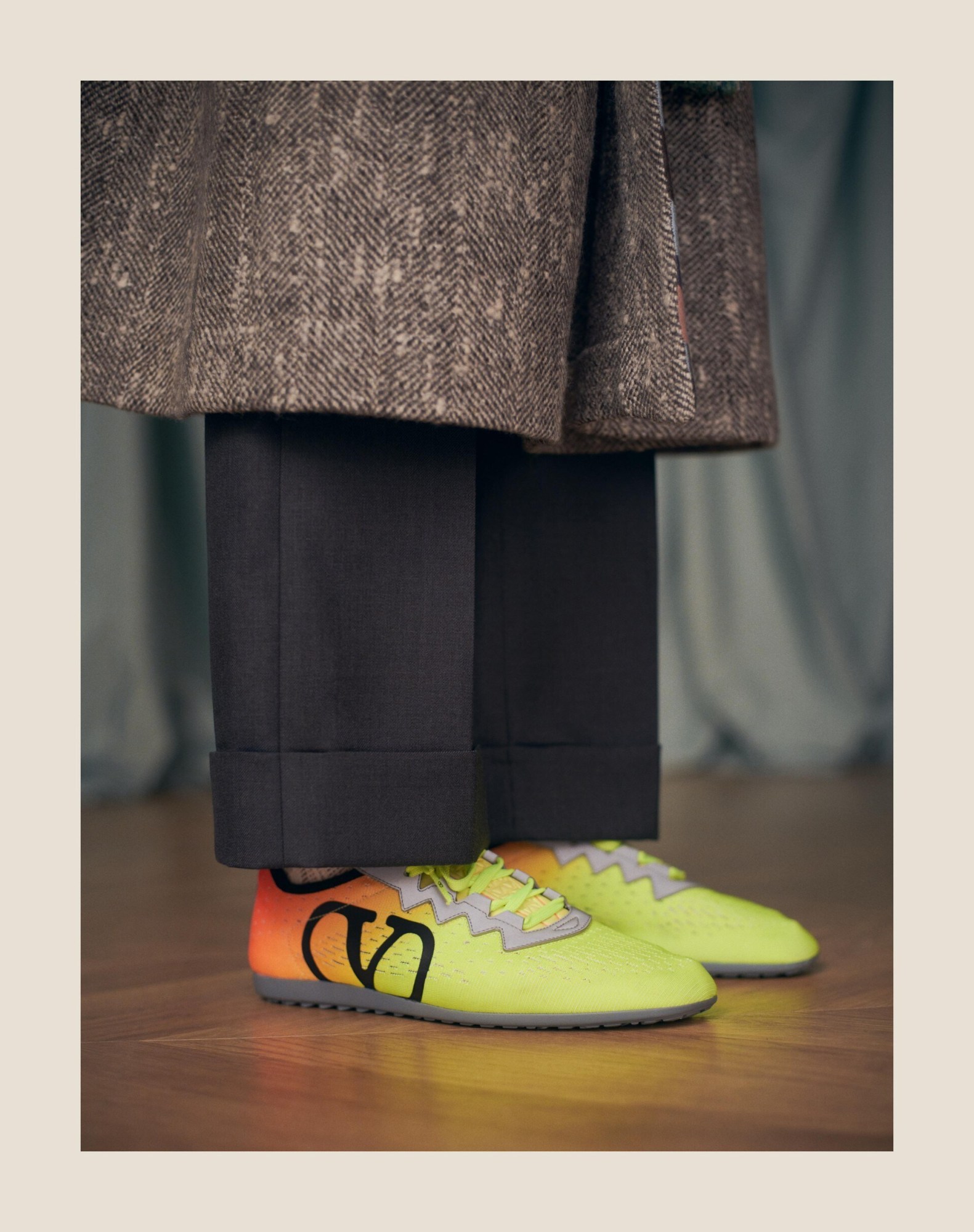 Valentino Lime Green And Fluorescent Orange Sporty Sneakers In Cotton And Pu Bold Design In Yellow
