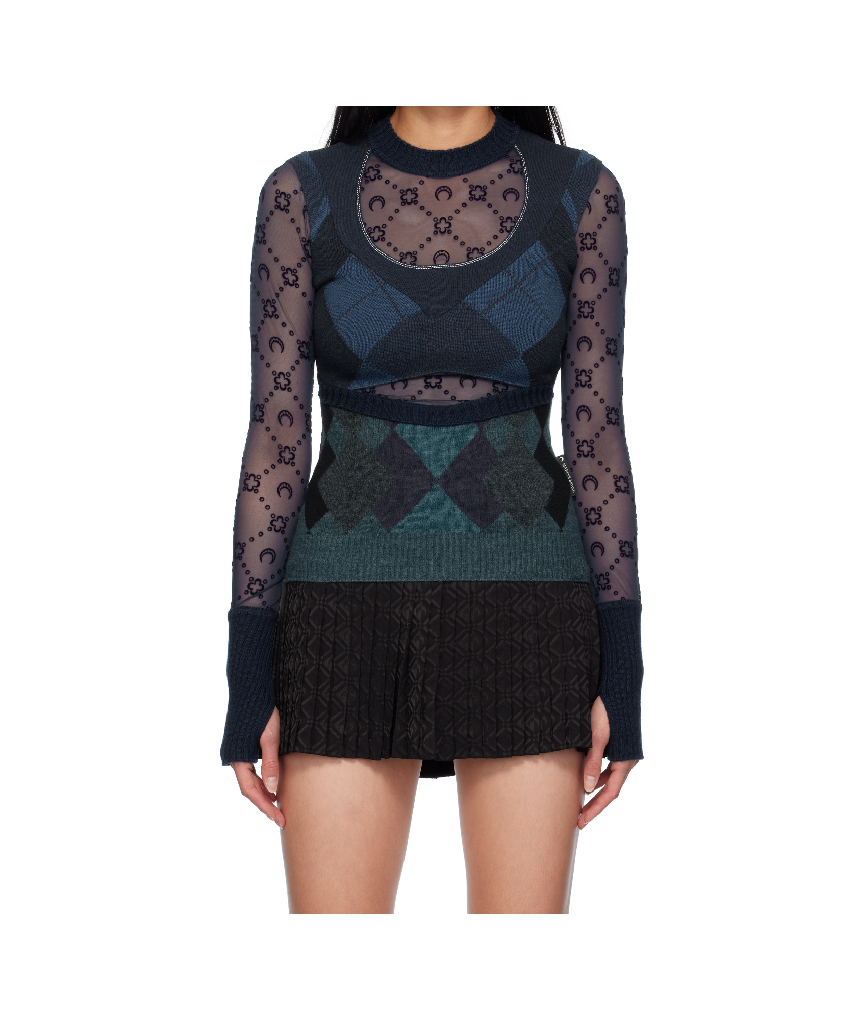 Marine Serre Navy Upcycled Argyle Knit Fitted Sweater In Black