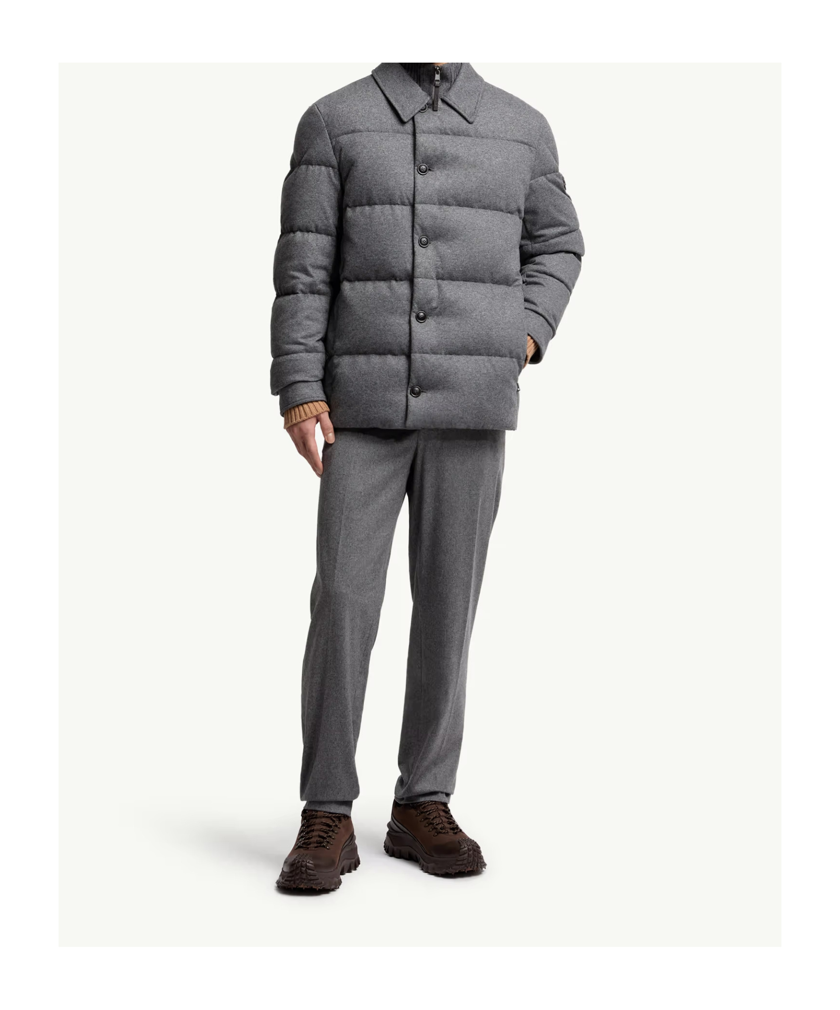 Moncler Pres Cashmere Blend Down Shirt Jacket In Gray