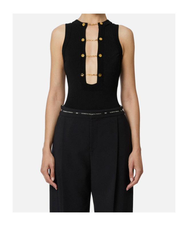 Elisabetta Franchi Viscose Knit Bodysuit With Jewel Cufflinks In Black