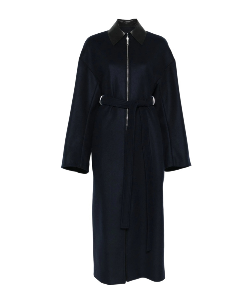 Sportmax Belted Long Coat Featuring Leather Collar In Blue