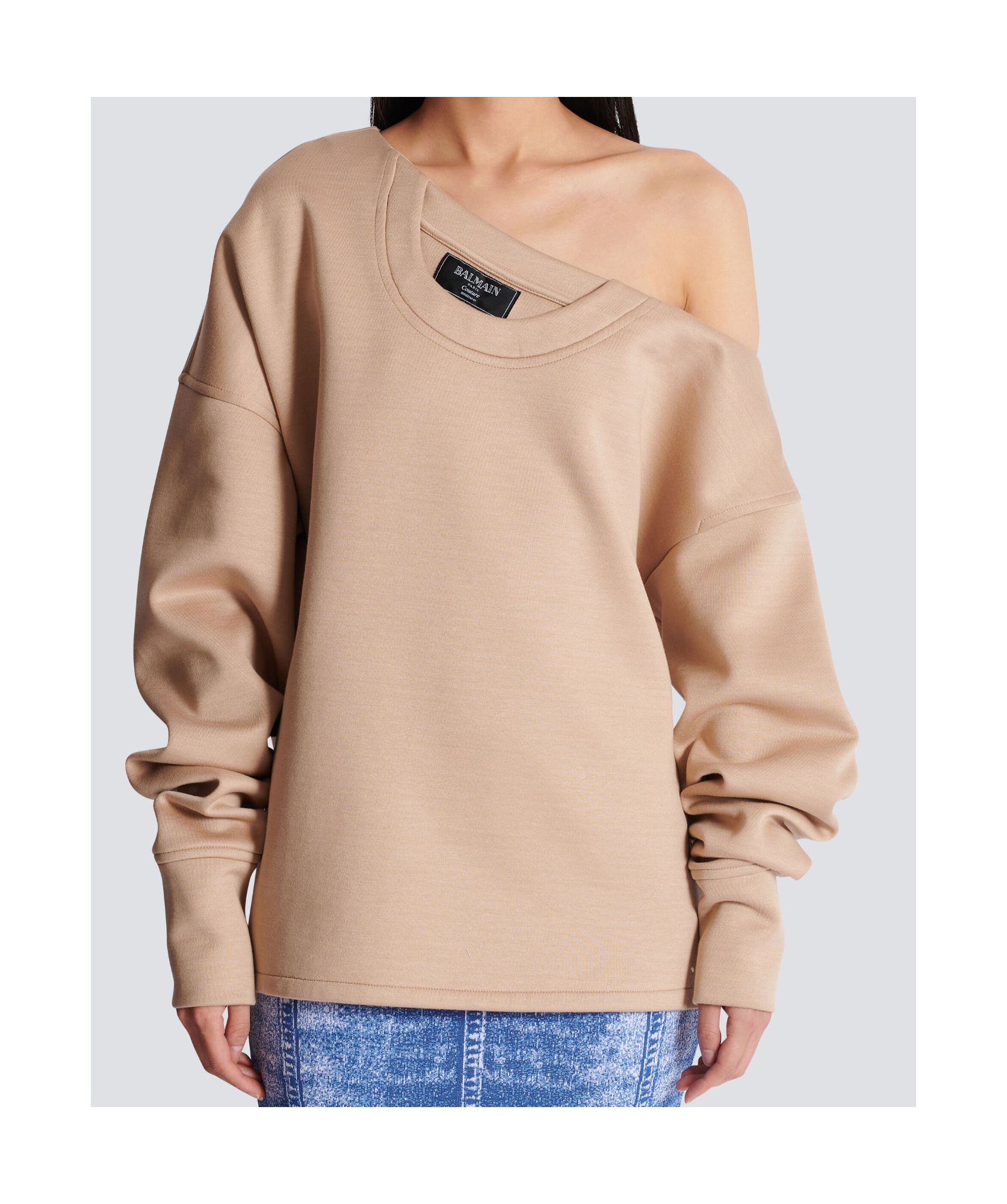 Balmain Beige Asymmetrical Jersey Off-the-shoulder Sweatshirt In Nude
