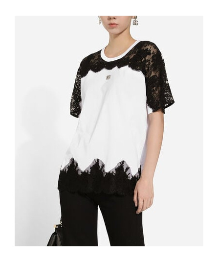 Dolce & Gabbana Jersey T-shirt With Dg Logo And Lace Inserts In White