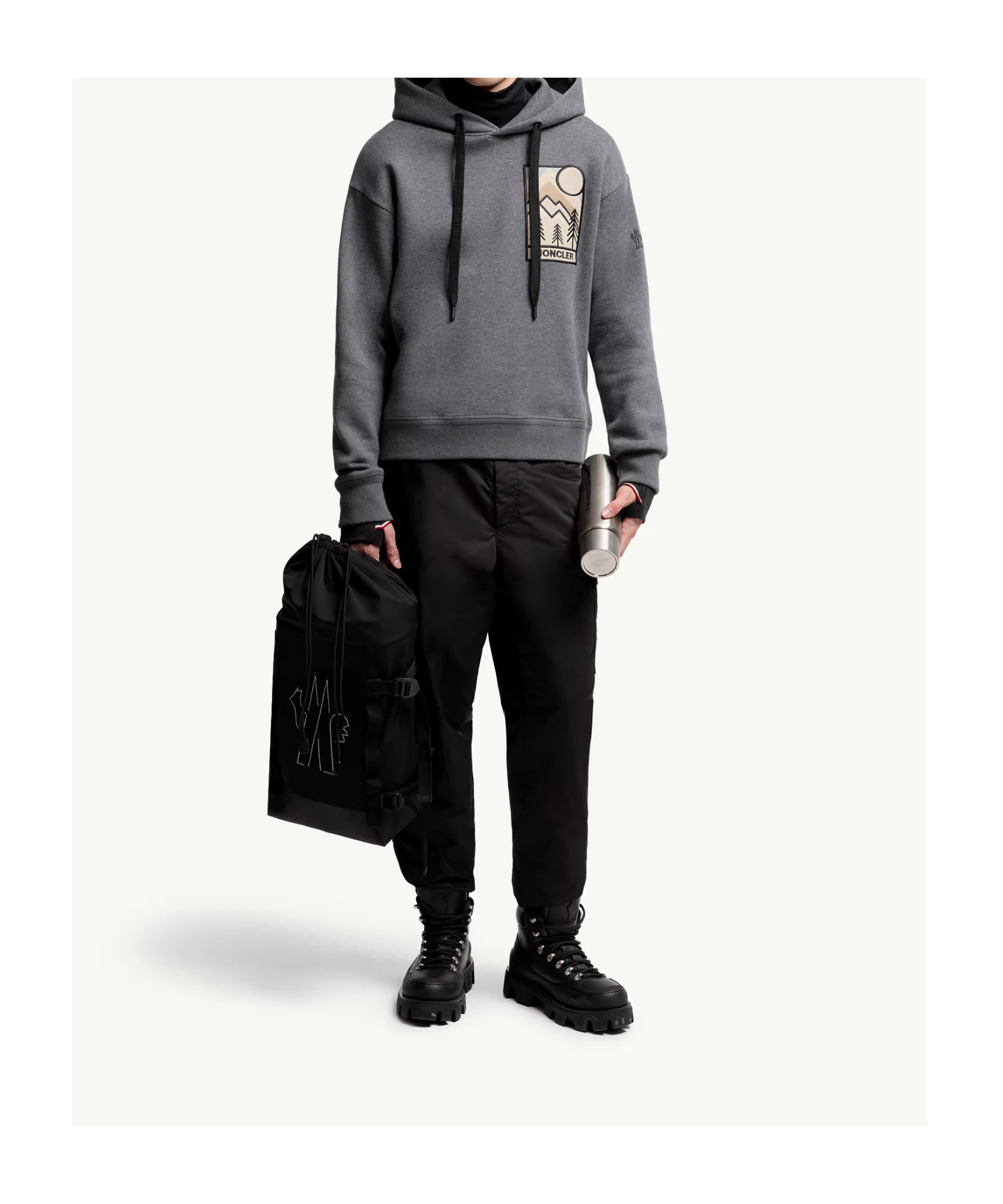 Moncler Mountain Logo Cotton Blend Hoodie In Gray