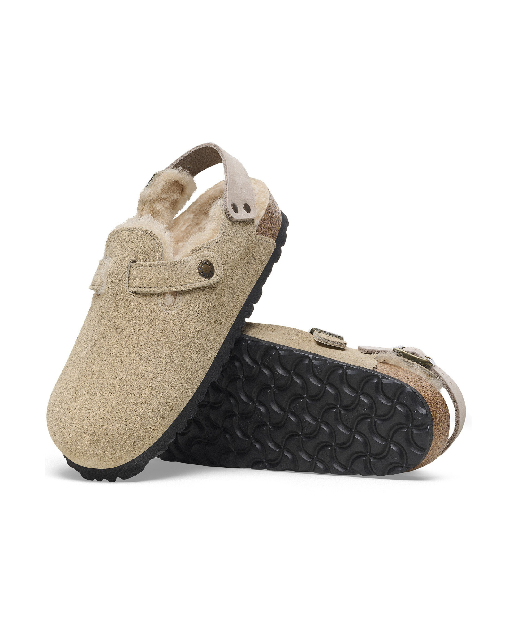 Birkenstock Tokio Shearling Buckled Suede Clogs In Nude